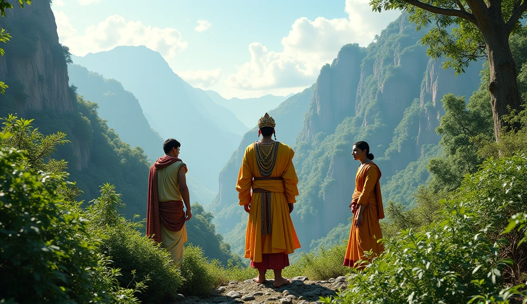 ((Top Quality, 8k, Masterpiece: 1.3)), Sharp Focus: 1.2, Perfect Body Shape : 1.4, Slender Abs: 1.2, (knotted hait at top,Big: 1.8), (saffron gown: 2.0), (standing: 1.8), (forest: 1.2), Highly Detailed Face and Skin Texture, Detailed eye, Detailedhand,detailed fingers, Smile