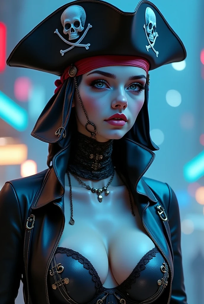 beautiful detailed eyes, beautiful detailed lips, extremely detailed eyes and face, long eyelashes, pirate woman, woman pirate, woman pirate cyborg, woman pirate cyberpunk, woman pirate in future, woman pirate futuristic, woman pirate sci-fi, woman pirate in AI age, woman pirate with high-tech gear, woman pirate with futuristic weapons, woman pirate with cybernetic implants, woman pirate with advanced technology, woman pirate with advanced gadgets, woman pirate with robotic limbs, woman pirate with high-tech eyepatch, woman pirate with glowing cybernetic enhancements, woman pirate with holographic displays, woman pirate with neon-lit cyberpunk aesthetic, woman pirate with glowing cybernetic tattoos, woman pirate with sleek futuristic armor, woman pirate with advanced AI companion, woman pirate with cutting-edge tech, woman pirate in dystopian cyberpunk setting, woman pirate in neon-lit futuristic city, woman pirate in gritty industrial cyberpunk environment, woman pirate in advanced technological landscape, woman pirate with dynamic action pose, woman pirate with intense dramatic lighting, (best quality,4k,8k,highres,masterpiece:1.2),ultra-detailed,(realistic,photorealistic,photo-realistic:1.37)