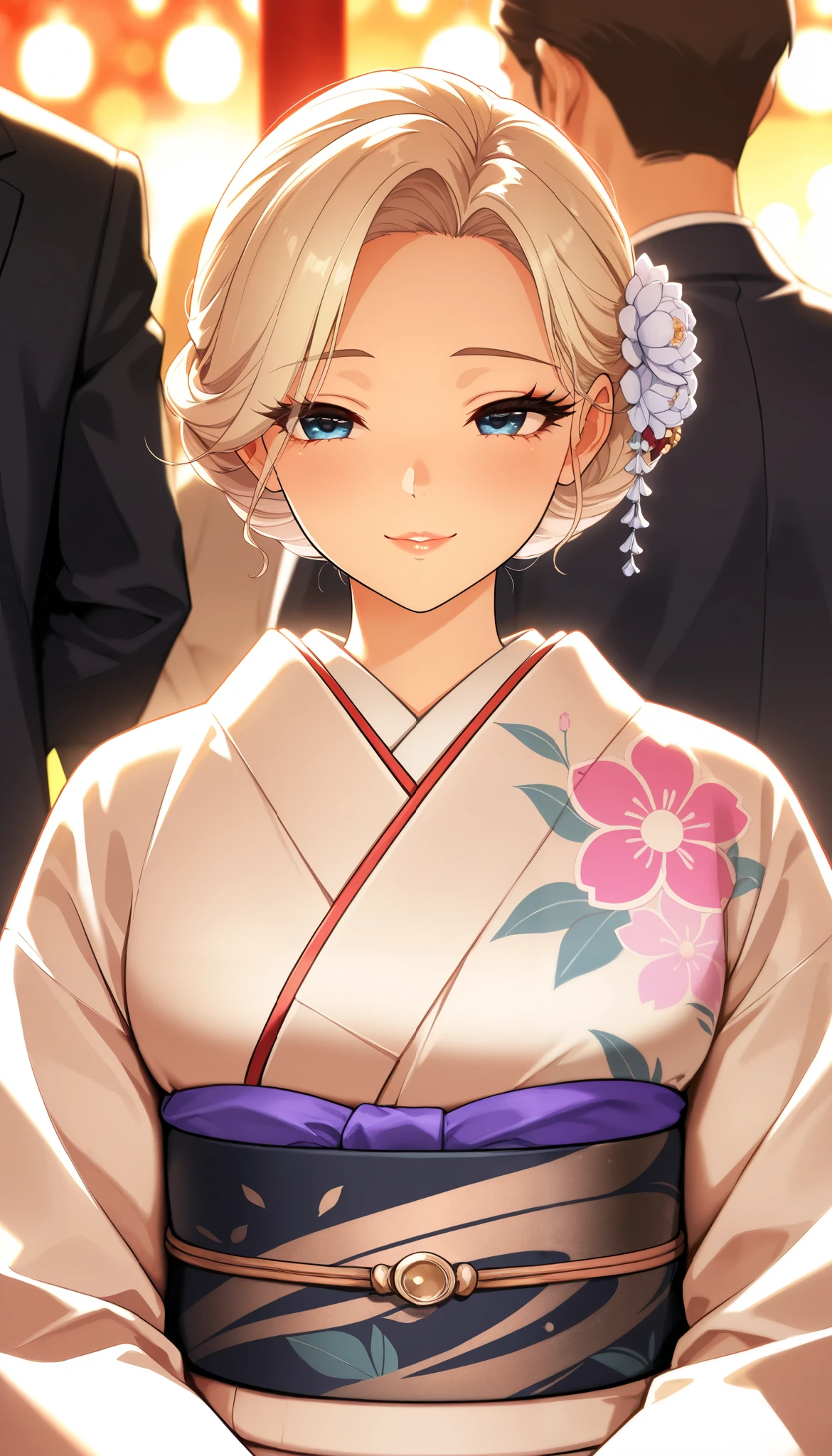 beautiful detailed eyes , Beautiful fine lips , Extremely fine eyes and face, long eyelashes , elegant woman, formal dress , material: digital paint, detailed details , Warm lighting, soft focus, Light color, ceremony, Adult, Traditional Japanese culture, kimono, flower accessories , settled, grace, meditative mood, cinematic composition , anime style:1.2, Detailed CG illustration, 8k, masterpiece,