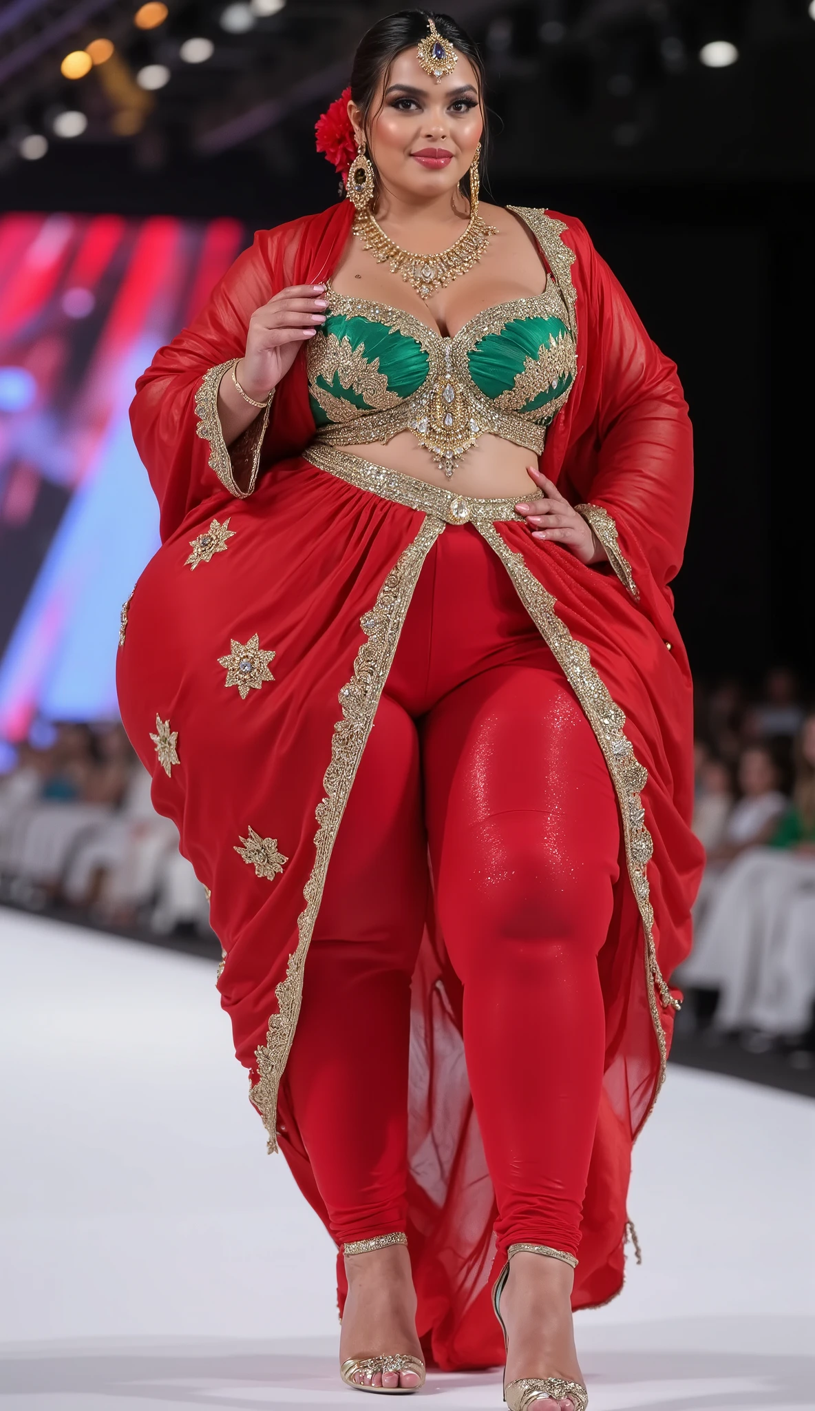 Indian model performing a ramp walk at a fashion show. face with detailed, closeup. A stylish chubby actress zareena khan indian woman with extra large boobs and tall, at a fashion show. , sexy, ((Pause_random))、masterpiece, high quality, high quality, High resolution, (full body portrait)、View from front、seductive smile, , best quality, (((masterpiece))), high quality, realist, best detailed, details, realist skin, skin detailed, underboobs, beautiful posing under a fairy tale of exotic magic,lehenga choli,. She wears plus size tall and big giant indian muslim women, looking like indian actress hansika motwani, wearing a gold and green boarded sleeveless transparent kurti and shining reflective glossy silver ankle length leggings and red hijab,white-skin,white skin tone, beautiful face, red lips, clean skin, celebrity face, thick leggs, round ass,bulging ass,huge breast, , Armlet, bangles,red sindur on head,women standing looking the viewer,both women have huge bulging hips,smiling happy face,red and gold stileto heels,looking straight to camera, realistic photo, looking straight to camera,full body image,wide angle shot in camera
