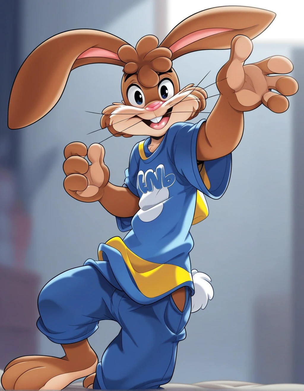 zPDXL3,quicky,4 fingers,brown fur, blue pants, blue striped shirt, French style, standing in the bedroom, young 25 year old adult, 6 feet tall, cute version of quicky, cute rabbit hair, furry, rabbit, male, femboy, eye stare, slim,solo,looking_at_viewer,