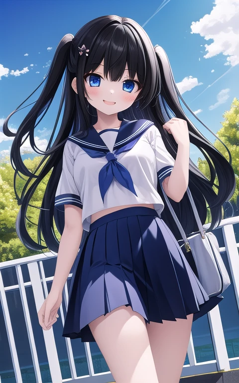 (Masterpiece:1.3),  1 girl, Alone, 最 High Quality ,  High Quality , Calories ,  black hair,  long hair, one side up, big_chest,  school uniform, blue eyes,  walking ,  back to arm  , smile.、 black hairロングヘアー,bigchest、