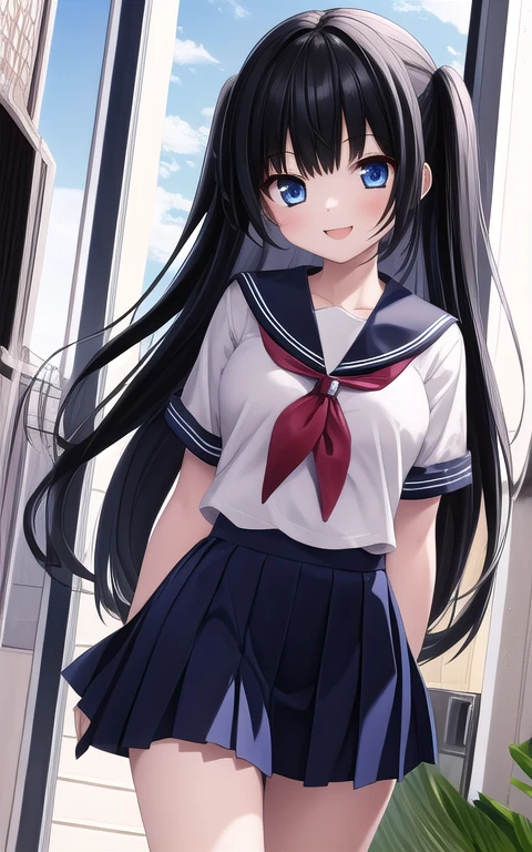 (Masterpiece:1.3),  1 girl, Alone, 最 High Quality ,  High Quality , Calories ,  black hair,  long hair, one side up, big_chest,  school uniform, blue eyes,  walking ,  back to arm  , smile.、 black hairロングヘアー,bigchest、