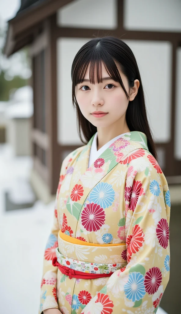 (Masterpiece,  best quality :1.2),  1 GIRL, Alone,  little chest,  coming-of-*** ceremony photos ,  kimono, Long-sleeved kimono, Clear posture, Healthy Photos,  snowy shrine ,  Snow Scenery , Winter protection measures ,  very cute girl, 