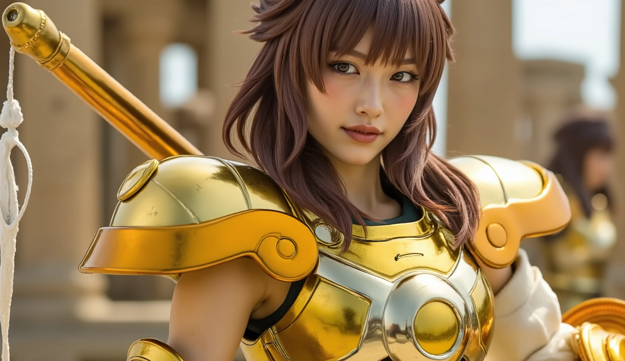  (8k,   best quality  , Masterpiece:1.2,   very detailed),( beautiful Japanese woman holding a panty ), (Wavy medium length hair),  brown hair,Shining golden armor,  Greek temple background ,   full body shot ,(  Very Realistic  ),( live action ),( zoom out)