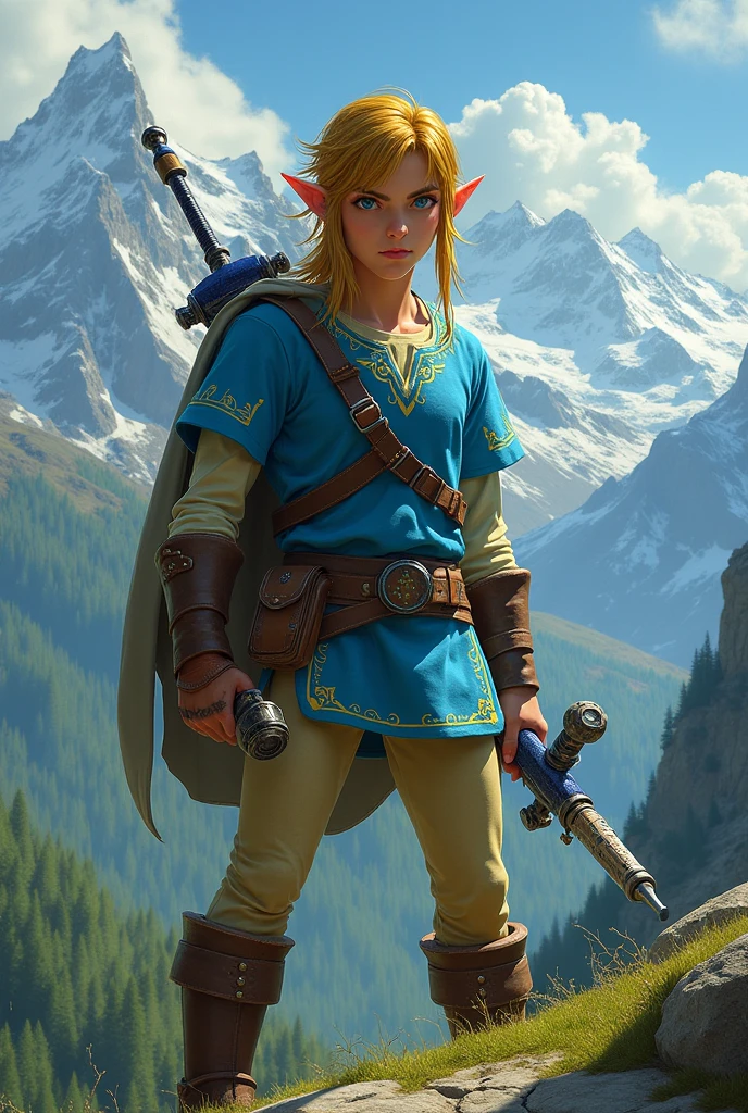 link dans zelda avec une aerographe sur la main droite,derrière une montagne,