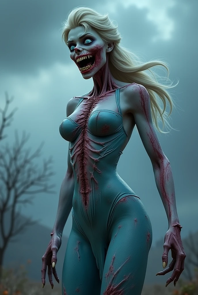 Masterpiece, best Quality, (ultra realistic portrait of WITCHL4D:1.5, zombie:1.5), (extremely detailed CG:1.2), (torn white tank top shirt:1.15, white panty:1.1, white hair:1.2, detailed ultra long shaped nail:1.75, roll her eyes back:1.85, tongue out:1.55), (detailed face:1.2, detailed eyes:1.15), Sharp Focus, (welcome hands and running to viewer:1.5, inside Abandoned building:1.3), Cinematic poster, (ultra huge breasts:1.55), (dark atmosphere:1.3),