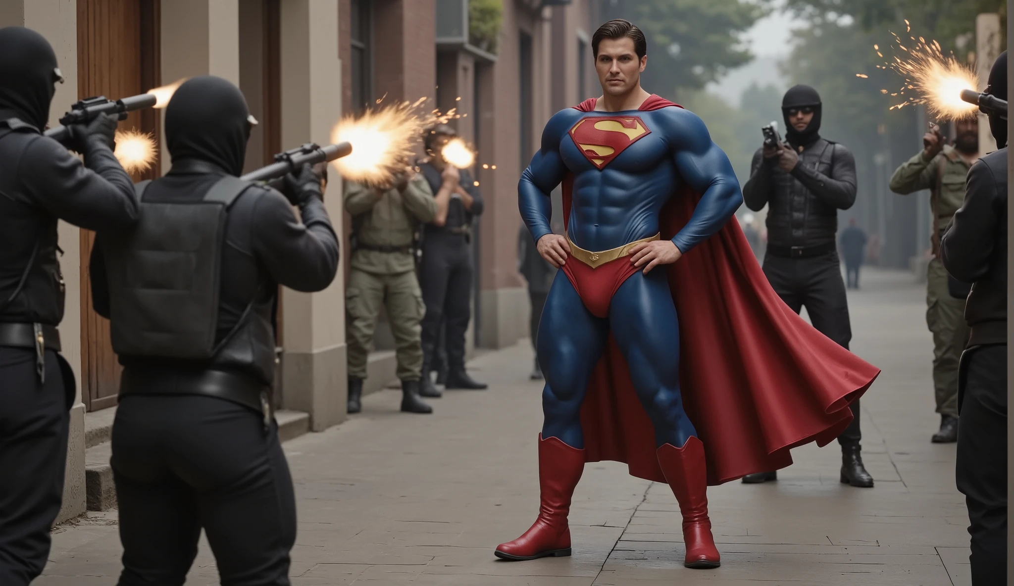 A man in blue full body tights appears in front of the terrorists, they immediately attack the man, but to their surprise their bullets just bounce harmlessly off. The man calls himself Superman and stares menacingly at them. They had heard rumors of the Man of Steel, but had obviously underestimated him. But they cannot back down here. Until the day their island, Ahokadoru, wins its independence.