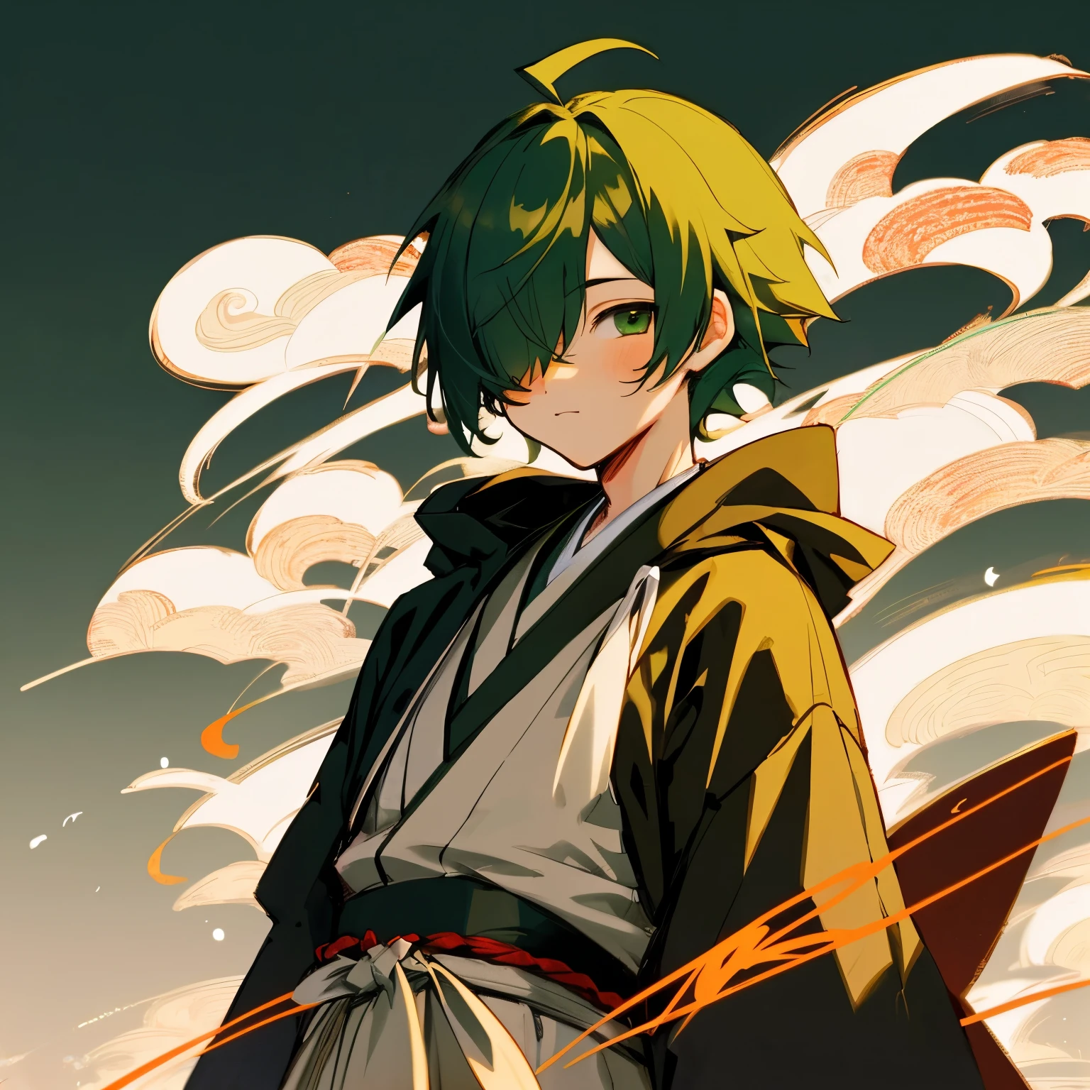 (boy), green ivy hair, green eyes, short cut, side part, ahoge, hair over one eye, thin eyebrows, young, alone, short, Shota, solo, slim, hakama, japanese clothes, gloves, at night, wearing a hood, upper body, cult party kei, folk art, Taisho, Japanese festival