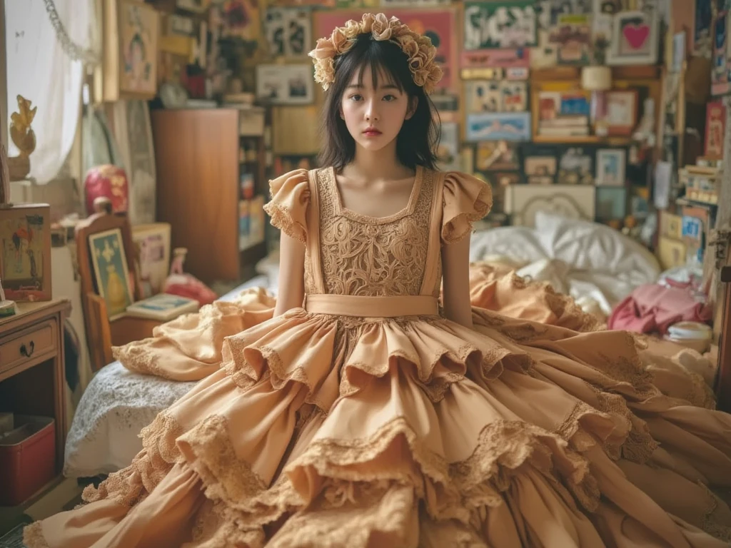 Pretty girl in a wooden doll dress sitting in the bedroom