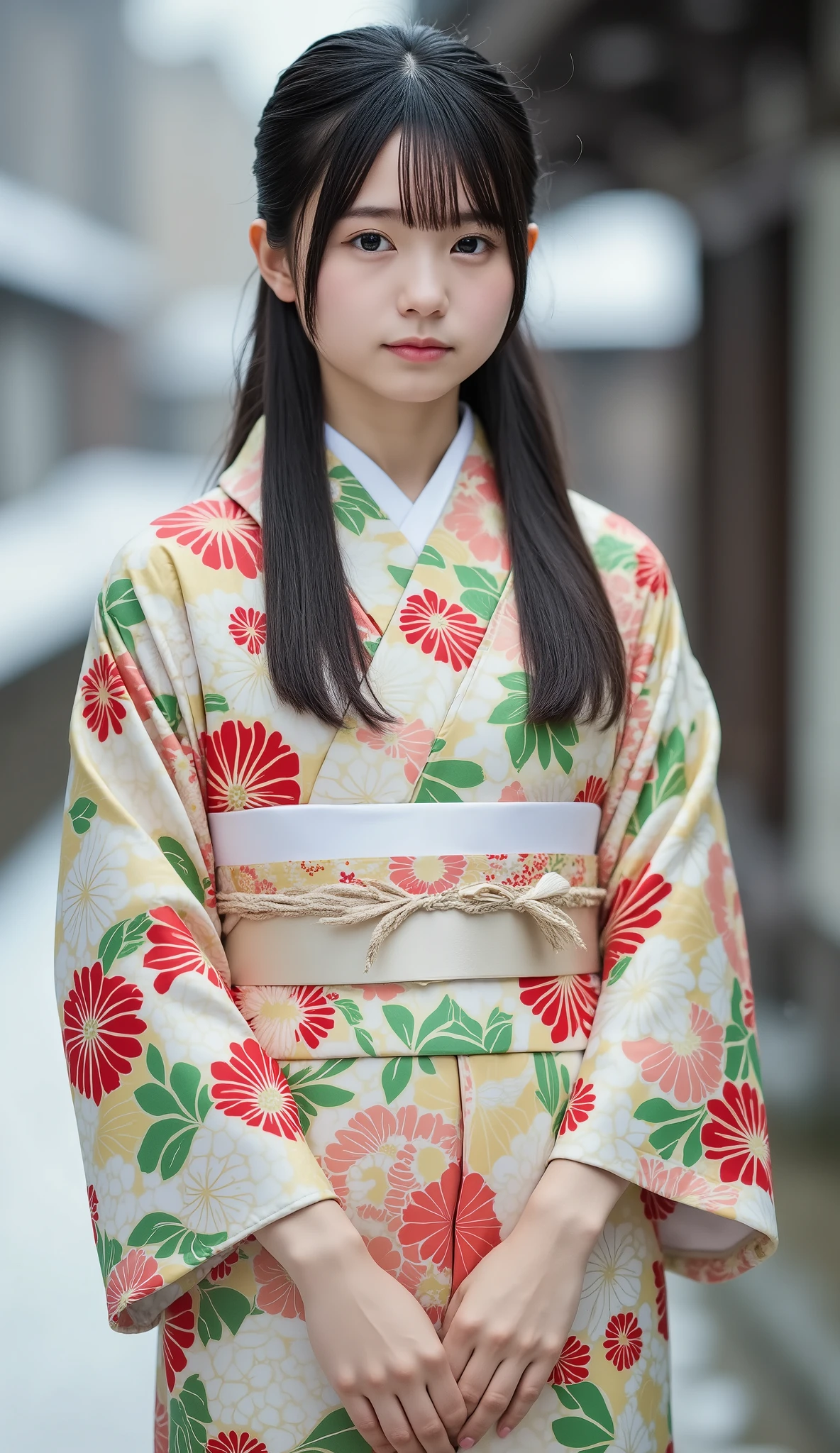 (Masterpiece,  best quality :1.2),  1 GIRL, Alone,  little chest,  coming-of- ceremony photos ,  kimono, Long-sleeved kimono, Clear posture, Healthy Photos,  snowy shrine ,  Snow Scenery , Winter protection measures ,  very cute girl, 