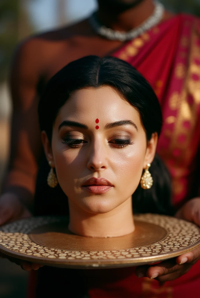 Beautiful chubby Actress's decapitated head after beheading put on platter held by a man and presented to his master. Severed head has dark andl long lower pony tail hair style, bindi on forehead precisely between eye brows, eyes Closed, mouth sightly apart, wearing ear ring, and wearing natural makeup. Severed head showcasing full detail of realistic face and there in no hint of a smile that makes her appear as though she is simply lost in thought rather than lifeless. there is day light.