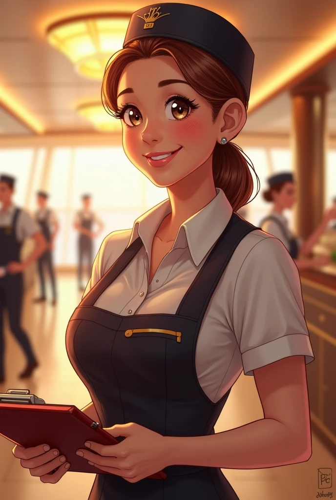 Young girl with brown hair and brown eyes, dressed as a waitress holding a restaurant tray with both hands, smiling kindly