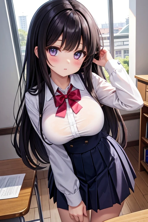 (best quality:1.1), (Masterpiece:1.2), High quality shadow, Beautiful details, Beautiful face, Detailed eyes, depth of field, High resolution, best shadow, best lighting, 1 girl, see viewers, black hair, smooth, blunt, long hair, pink eyes, shy, very big breasts, black short skirt, women's shirts, fashion suit jacket, pump, high school girl,rift, , classroom background, women's tie