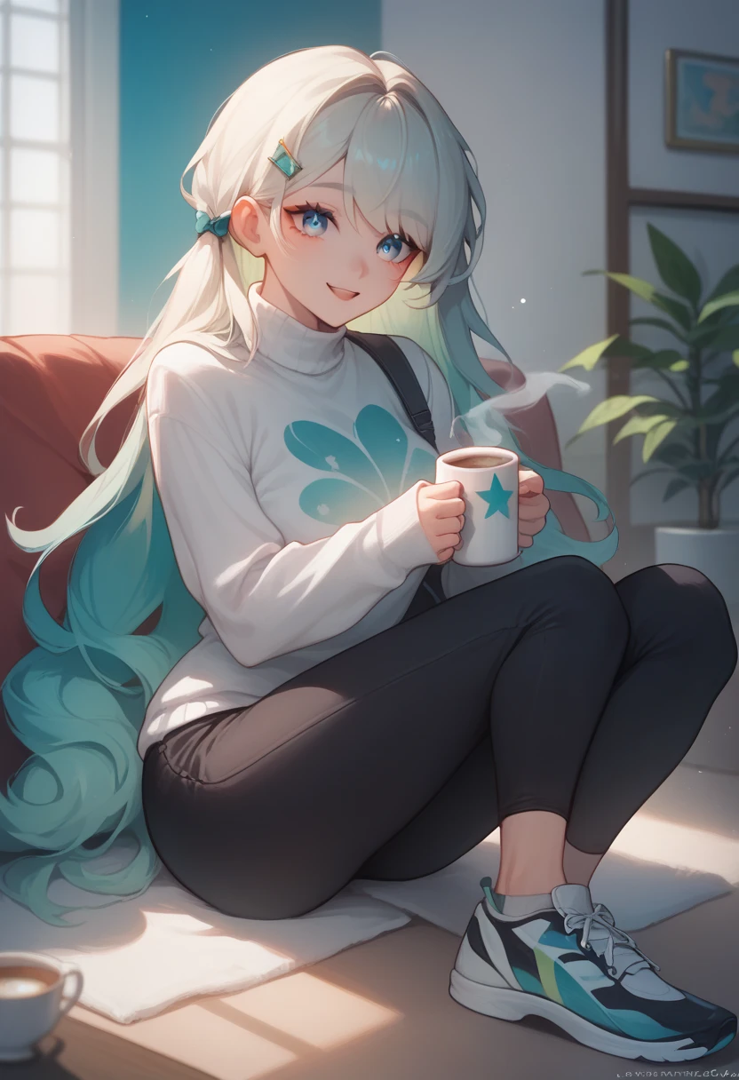  a woman with long white blond hair with a cyan gradient down ,  blue eyes with light shades of topaz and cyan and small white stars ,  and a green dragonfly hair clip , clear and happy face ,  wearing a white sweater with black pants and sports shoes, she is sitting in a living room ,  and in her hand is a mug of hot chocolate .