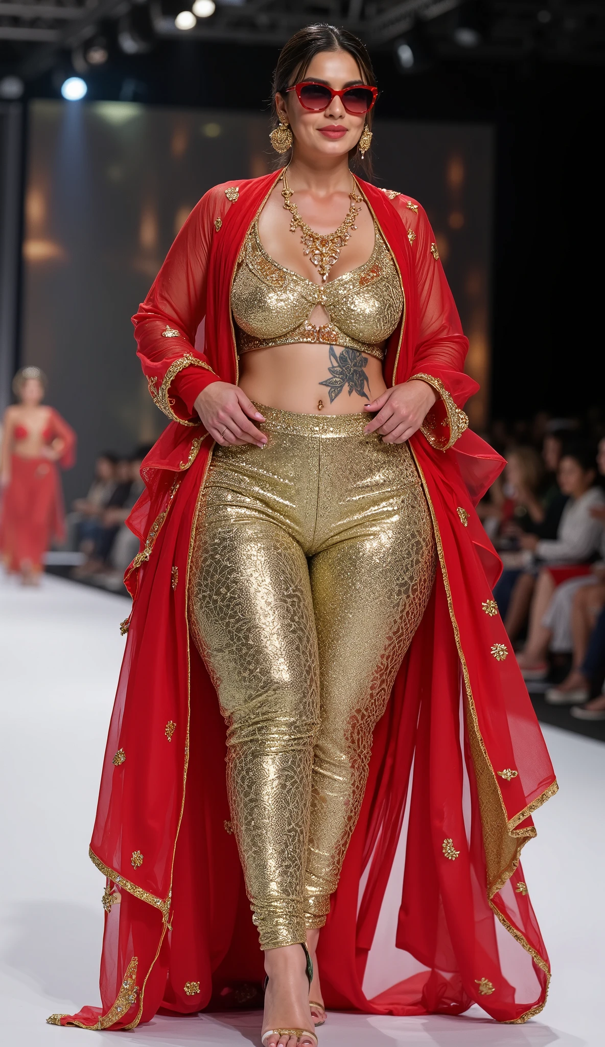 Indian model performing a ramp walk at a fashion show. face with detailed, closeup wear big red sun glasses. A stylish chubby actress Zareen Khan sleaveless indian woman with extra large boobs and tall, at a fashion show. , sexy, ((Pause_random))、masterpiece, high quality, high quality, High resolution, (full body portrait)、View from front、seductive smile, , best quality, (((masterpiece))), high quality, realist, best detailed, details, realist skin, skin detailed, underboobs, beautiful posing under a fairy tale of exotic magic,lehenga choli,. She wears plus size tall and big giant indian muslim women, looking like indian actress hansika motwani, wearing a gold and green boarded sleeveless transparent kurti and shining reflective glossy silver ankle length leggings and red hijab,white-skin,white skin tone, beautiful face, red lips, clean skin, celebrity face, thick leggs, round ass,bulging ass,huge breast, , Armlet, bangles,red sindur on head,women standing looking the viewer,both women have huge bulging hips,smiling happy face,red and gold stileto heels,looking straight to camera, realistic photo, looking straight to camera,full body image,wide angle shot in camera
