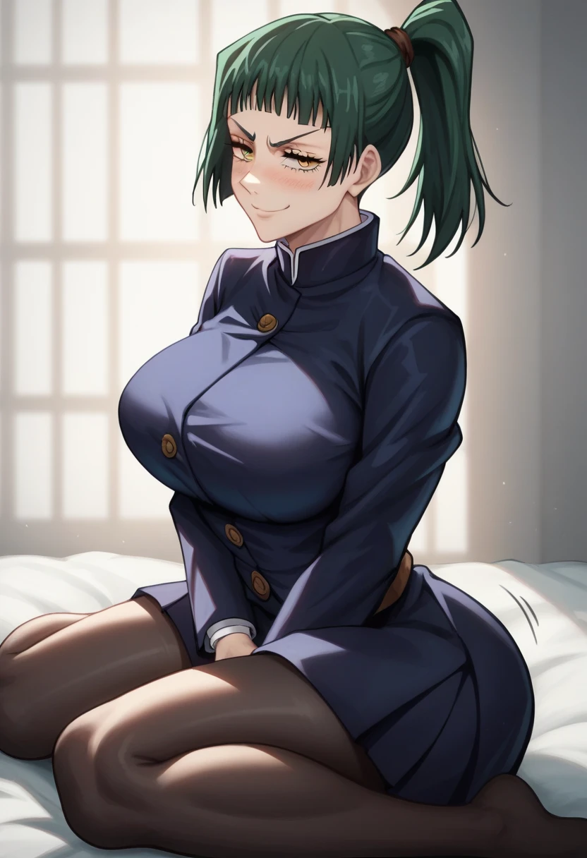 score_9, score_8_up, score_7_up, source_anime, best quality, clear face,1girl, Maki (jujutsu kaisen), green hair, orange eyes, medium hair,ponytail, large breasts, perfect body, looking at , cute embrassed,smug,blush,wearing black shirt,miniskirt tight,view ,big tit,hot,r,motion lines,motioon lines,sittingon knees ,big sexy thighs,sexy,curvy ass,hourglass body,sexy,sexy thighs,sexy,stretching l,large hips,sexy pose,black tights, covering croth, in shool,