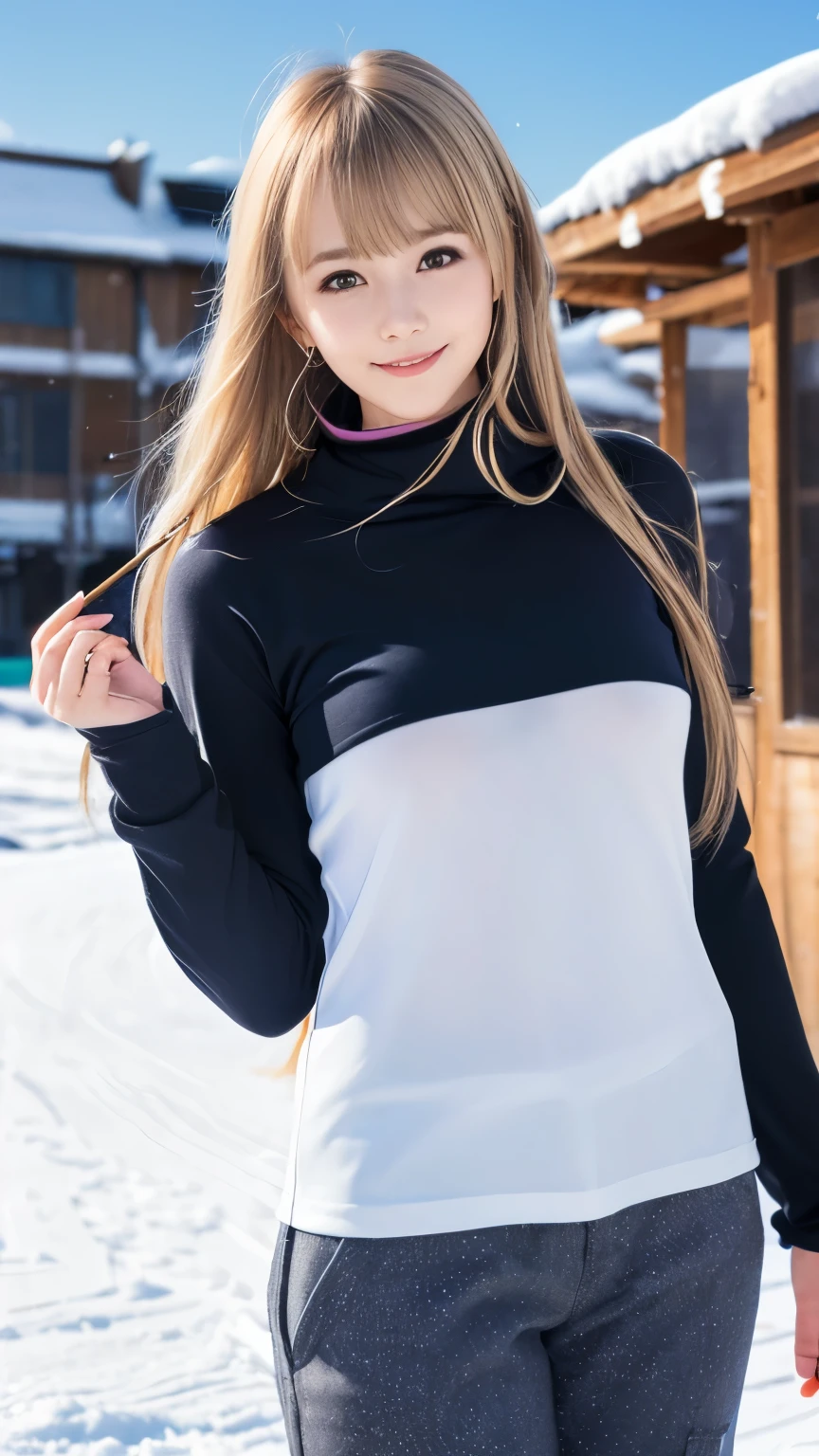 (Face shot of one slender small breasts half up blonde long hair with bangs girl in  long sleeve and long pants colorful snow board wear without logo:1.5)、(One blonde hair girl is playing snow board with a show face and a small smile :1.5)、(Snow Ski Garden:1.5)、(Beautiful blue sky 1.5)、(No mask:1.3)、(blurred background:1.5)、(Natural light:1.5)、(8k ultra detailed master piece:1.5)、(perfect anatomy:1.5)、(Photorealistic stick:1.5)、(Raw photo:1.3)、(highest quality:1.5)、(High resolution:1.3)、(Delicate and beautiful perfect face:1.3)、(Delicate and beautiful eye air skin:1.3)、(Real Human Skin:1.3)、((thin legs))