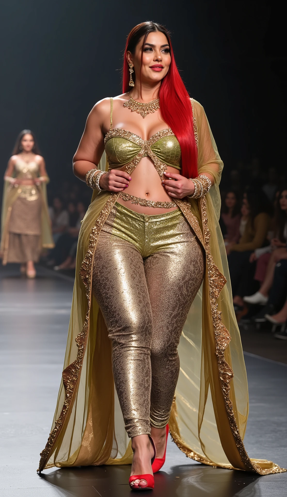 Indian model performing a ramp walk at a fashion show. face with detailed, closeup. A stylish chubby actress Zareen Khan sleaveless indian woman with extra large boobs and tall, at a fashion show. , sexy, ((Pause_random))、masterpiece, high quality, high quality, High resolution, (full body portrait)、View from front、seductive smile, , best quality, (((masterpiece))), high quality, realist, best detailed, details, realist skin, skin detailed, underboobs, beautiful posing under a fairy tale of exotic magic,lehenga choli,. She wears plus size tall and big giant indian muslim women, looking like indian actress hansika motwani, wearing a gold and green boarded sleeveless transparent kurti and shining reflective glossy silver ankle length leggings and red hijab,white-skin,white skin tone, beautiful face, red lips, clean skin, celebrity face, thick leggs, round ass,bulging ass,huge breast, , Armlet, bangles,red sindur on head,women standing looking the viewer,both women have huge bulging hips,smiling happy face,red and gold stileto heels,looking straight to camera, realistic photo, looking straight to camera,full body image,wide angle shot in camera