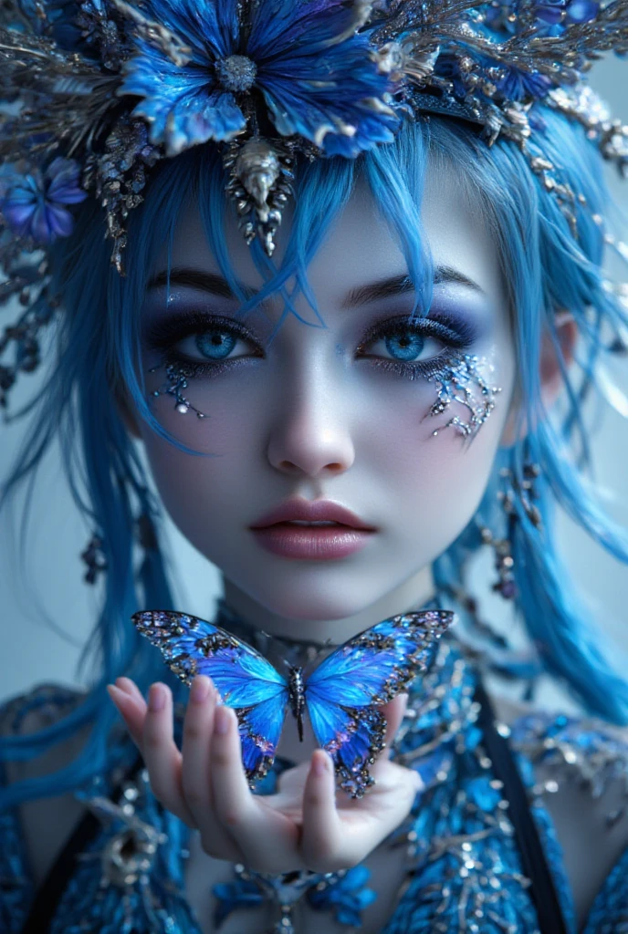 Close-up, beautiful ethereal anime girl holding a vibrant blue butterfly, flowing blue hair, ornate headpiece, whimsical, soft lighting, highly detailed, fantasy, dreamy, anime style, sharp focus on face and butterfly.