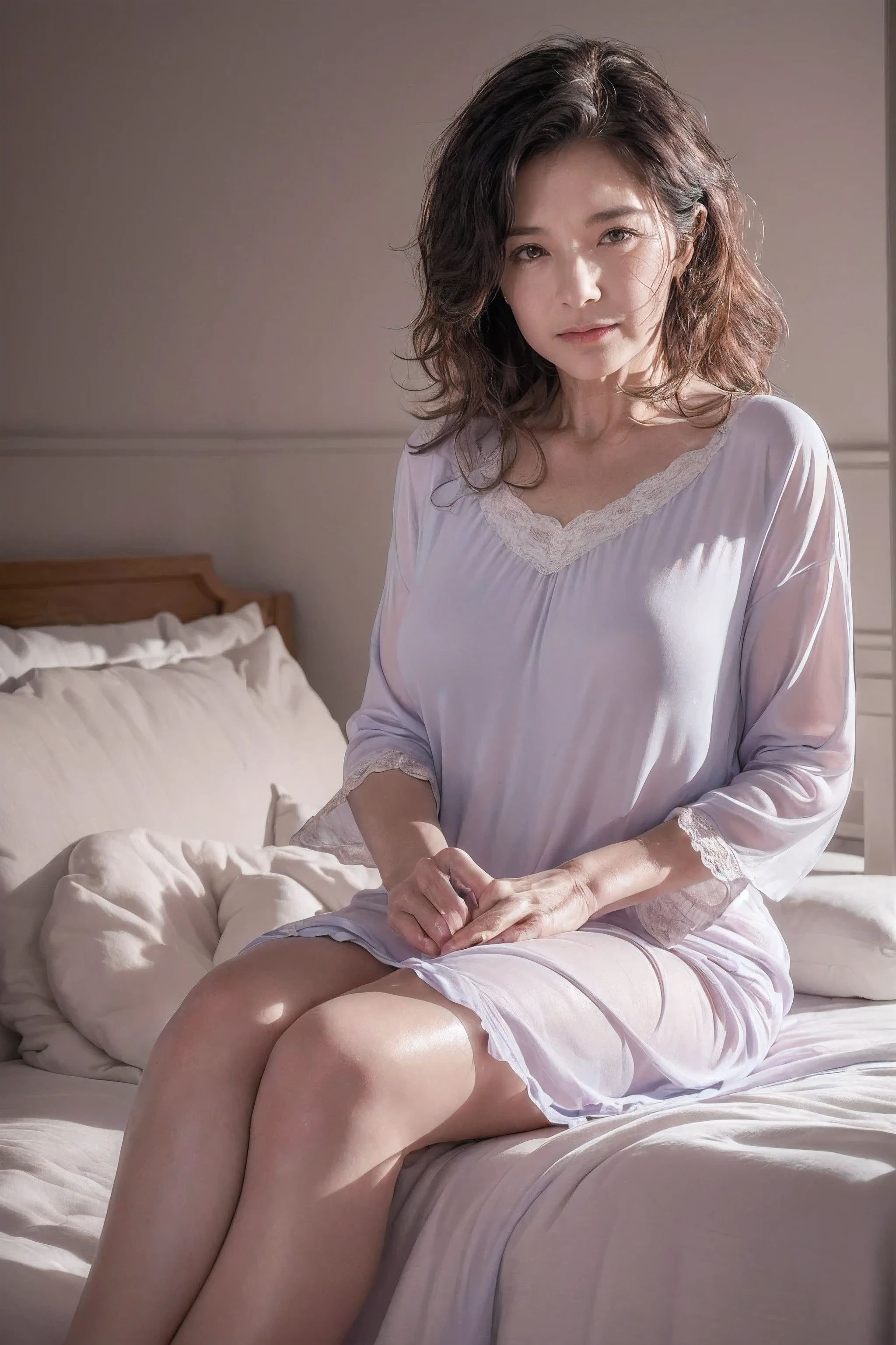 (( best quality )), ((8k)), ((masterpiece: 1.3)), ( perfect appearance ), ( Photorealism : 1.6), (Oh), (Mature woman sitting),  Complete anatomy, (Age 60), (( squishy nightgown)), (( disheveled hair: 1.3)), (Sitting on the bed), (bedroom),