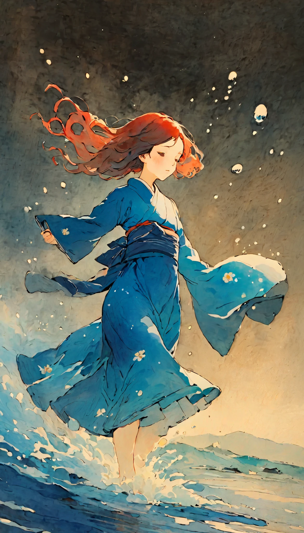 splashing background and spray paint effect, Hiroshige Utagawa, Tunic, Body on knees, Hair color changes,Teary-eyed, dusk, watercolor, watercolor, watercolor風, watercolorの詳細なアート, watercolor digital painting, watercolor paints, 非常に精巧なwatercolor, watercolor, Japanese women fighting octopuses,1, long hair, dark-haired、Based on blue、Blue petals fluttering down:0.2