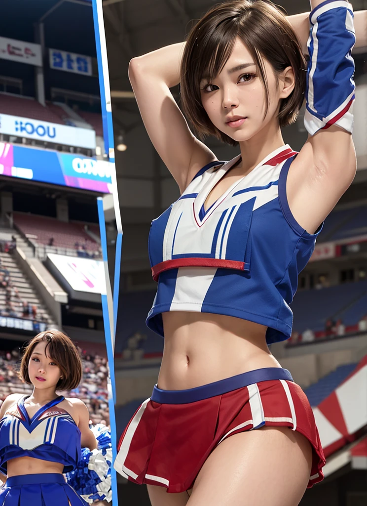 最high quality、high quality、best image quality、8K、最High resolution、High resolution、最high quality、masterpiece、RAW photo、whole body写真、Realistic human body with detailed details、Realistic skin in every detail、Realistic face in every detail、Realistic eyes in every detail、Realistic lips in every detail、Realistic teeth in every detail、Realistic ears with attention to detail、Realistic hair with detailed details、Realistic arms with attention to detail、Realistic hands with attention to detail、Realistic fingers with attention to detail、(fine hands、thumb１reference４)、Realistic legs with attention to detail、Realistic feet with attention to detail、((beautiful japanese girl))、(japanese model), (japanese woman)、((18 year old beautiful girl))、(black hair)、(straight hair)、(ponytail)、((whole body))、((Upward beautiful breasts、Medium chest))、(slim style、slender style)、(whole body光沢肌、Fair skin)、Detailed and realistic human body、detailed realistic skin、detailed realistic face、detailed realistic arms、Detailed realistic fingers、Detailed realistic feet、soft natural light、You can clearly see the shape of your nipples even through your clothes..、Cheerleader、Cheerleader、cheer leading、holding a pompon in hand、Clothing with team name printed on it、((colorful transparent see-through(crop top clothes、mini skirt with slit))、((inside the stadium field(Performing a dynamic cheering dance with one leg raised))、angle from below