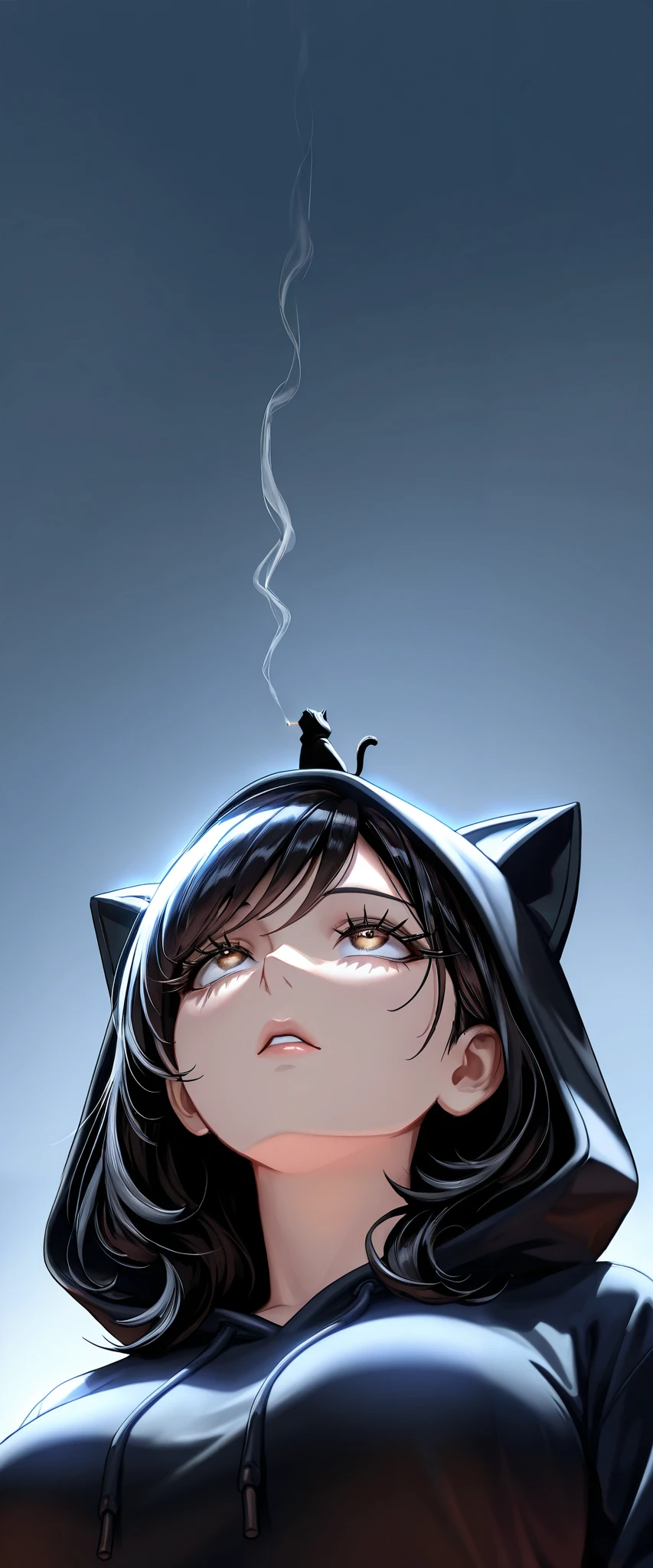 Obscene Milf , 1 Female, ( black hair, Cat ear hoodie,  wear a hood),  highly detailed face and eyes,  long lashes,  Beautifully Detailed Lips ,  short hope, Cigarette smoke, (( looks up at the :1.4)), Beautiful breasts,  low angle,  Dramatic Lighting,  indecent vibe,  plain background:1.2,  cinematic composition , Detailed CG illustration, 8k, masterpiece．