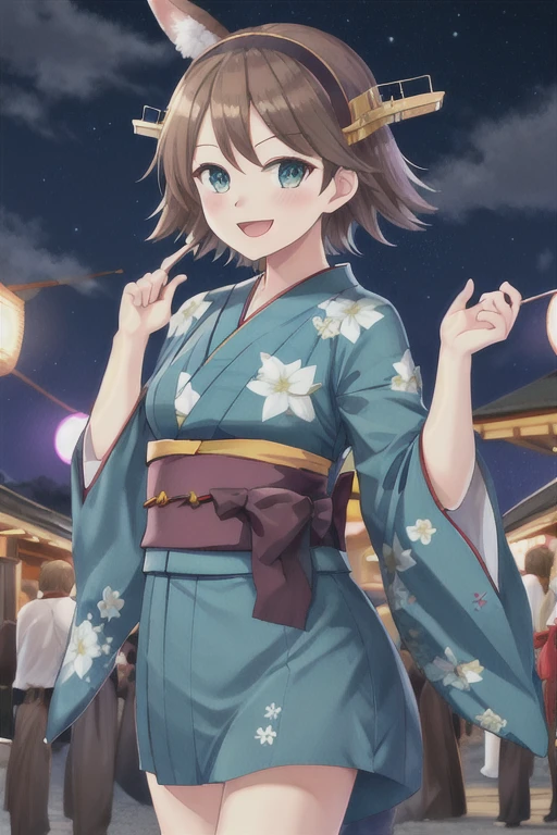  best quality , Masterpiece,  High Resolution , Alone, {yukata:1.40}, { kimono:1.20}, {Mount Hiei_kantaicollection:1.15},  brown_hair,  short_hair, hairband,  headgear, Non-traditional_Shrine maiden, smile, green_eye, Flipped_hair, open_mouth,Night festival