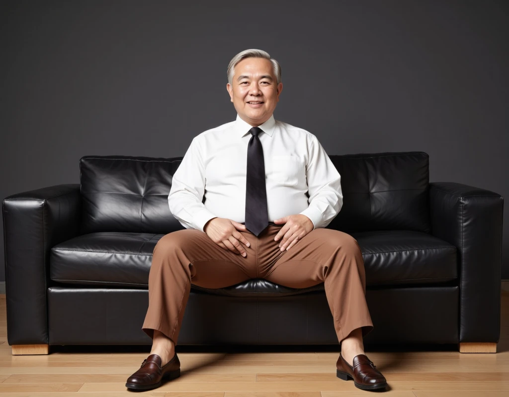 raw 4k photo, full body view, a 78 years old japanese old man, looking straight at viewer, round face, sweetest smile, big chubby fat, fat tummy short gray/white thinning hair, clean shaven, wearing white shirt and tie, a hugging tight brown colour trousers, brown loafer shoe, sit back on a big black leather sofa in his modern architecture living room, right hand grab his crotch and left hand on his thighs, Dark gray colour wall background, face looking straight at viewer, spread legs wide open, showing his small bulge, highly detailed bulge, large testicles print outline, highly detailed bulge with big penis print outline, shp highly detailed, exceptional realism, bright lighting, hyper realistic,, highly detailed, exceptional realism, highly detailed, hyper realistic 