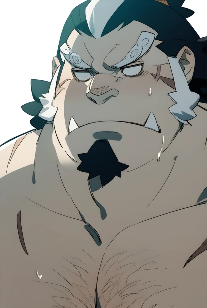 Jinbe, short hair, muscle, shirtless, sweaty, empty eyes, dazed expression, blank stare, hypnotized, brainwashed, hairy chest