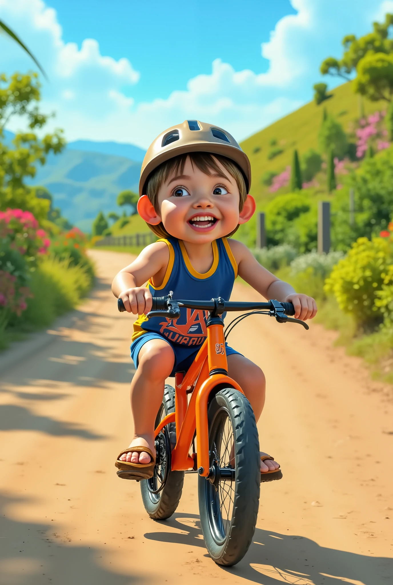 Cartoon illustration of A boy playing with a orange bike. 