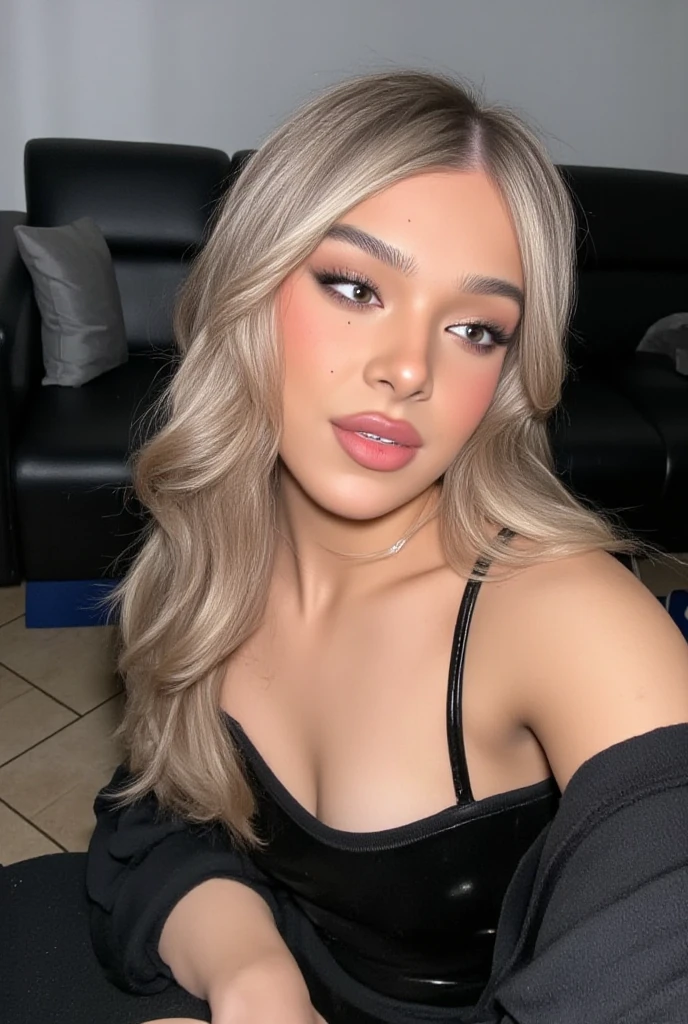 Une femme blonde de 20 ans, Salon, ((Hyperréalisme)) encolure, espiègle, Cheveux longs et ondulés, Cheveux aux racines blondes naturelles, Racines de cheveux blonds châtain clair, Arrière-plan simple, la lumière du soleil sur le visage, cheveux extra longs, vêtements élégants, vêtements élégants, selfie, photo prise avec iPhone, selfie, Image du modèle, Pose du modèle, PHOTO ARTISTIQUE, big smile,hyperdetailed photography, soft light, full head and shoulders portrait, cover