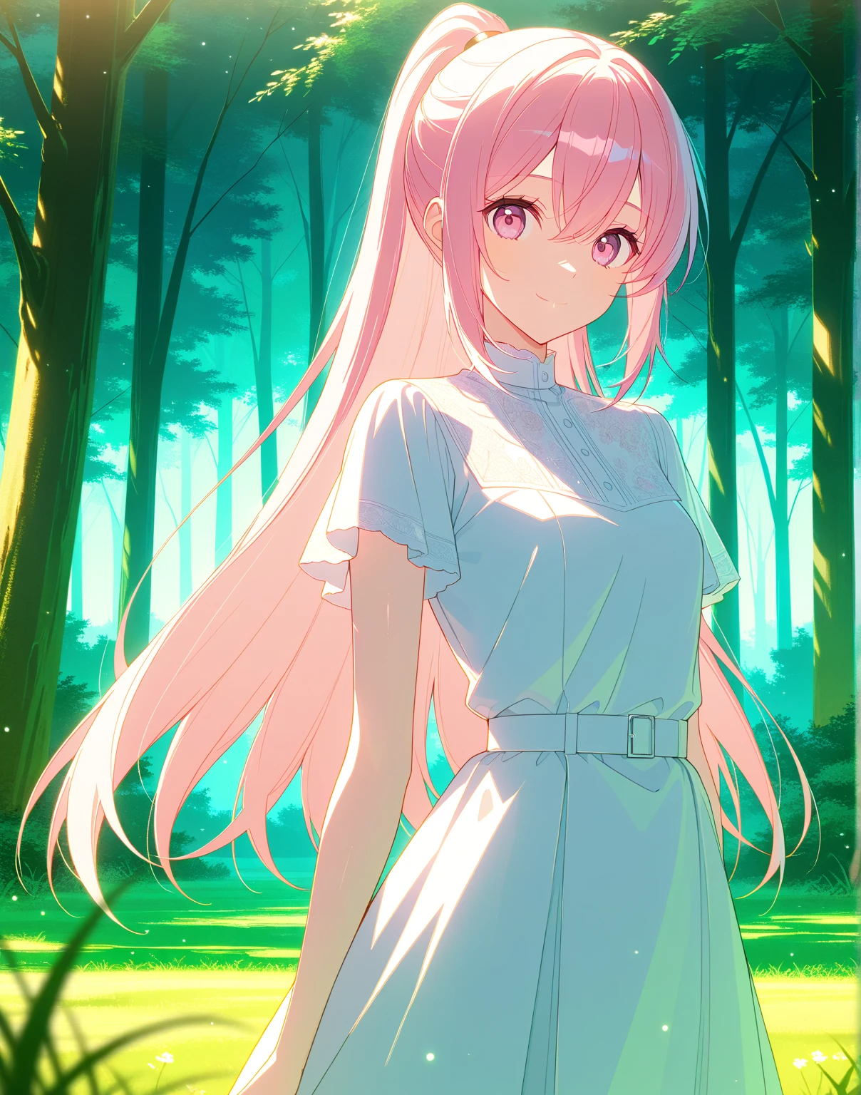 score_9, score_8_up, score_7_up, masterpiece, absurdres, source_anime,safe, 1girl, solo, adult, girl focus, adult, very detailed expressive eyes, very detailed eyes, aesthetic eyes, bright eyes, (bright pink eyes),  pink eyes, beautifully styled hair, very detailed hair, straight hair, bright pink hair, long hair, hair between eyes, (hair styled straight),  (styled ponytail), (straight hair), (straight ponytail),(slim ponytail: 1.2),styled hair,  little smile, looking at viewer, (small breasts), shiny skin, healthy skin colour, BREAK
((black and white) dress),  standing,  half body, cowboy shot, BREAK
outdoors, nature, forest, BREAK
HDR, 8K, masterpiece, best quality, amazing quality, very aesthetic, high resolution, ultra-detailed, absurdres, newest, scenery, 
aesthetic detailed background, best quality, game cg aesthetics,
 beautiful detailed eyes, detailed skin, detailed hair, light particles,  depth of field, natural shadows, 
(masterpiece), ultra-detailed, 1024k UHD wallpaper, ultra-high resolution, depth of field, HDR, Ray tracing, RTX, high saturation, photon mapping, best texture quality, best compotitions, (extremely detailed CG 1024k wallpaper), High Details, Detailed face, Detailed Clothes, Ultra HD Photo, Perfect Face, expressive eyes, bright colours