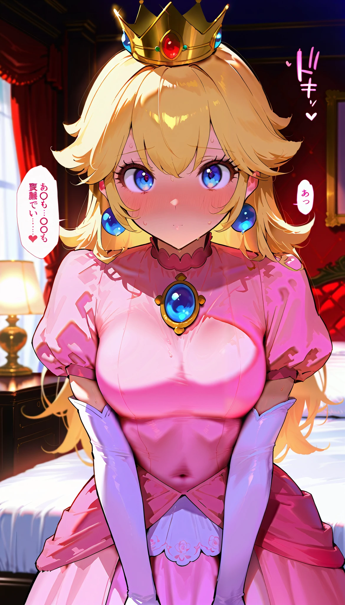 masterpiece, beautiful woman, adult female, cute, score_9, score_8_up , score_7_up , , rating_ general , 1girl , princess peach, pink dress, elbow gloves, crown
, source_anime, cowboy shot, full portrait, (slim, slender body, tight waist, toned body), (indoor, Aristocrat&#39;s Room, bedroom , Luxurious bed, dim), (full-face blush、speech bible:1.2), (lovely face, ecstacy, sweaty, be nervous, full blush), lovely hearts:1.4, throw, Sound effects:1.3, looking at viewer