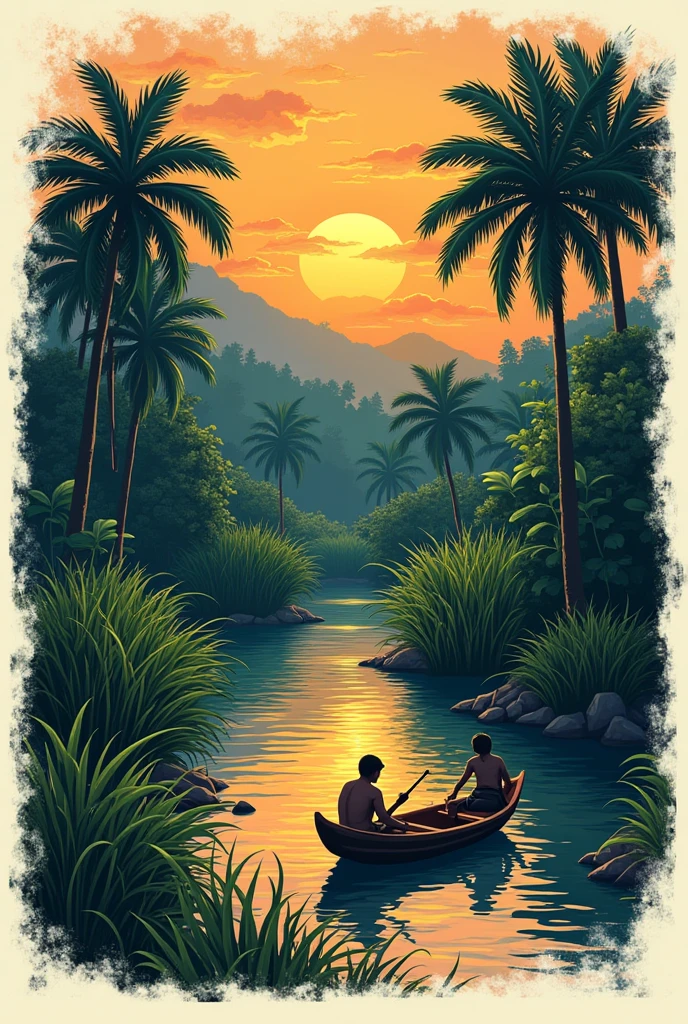Illustrative drawing of an Indian in a canoe on a small river, a cassava plantation, one resting in the hammock , guarana, a typical dance