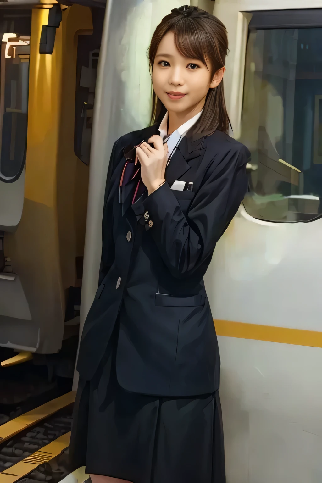 (Masterpiece:1.2,  best quality :1.2), 32kHDR,  High Resolution , (Alone、 1 girl)、（ daytime building rooftop 、 professional lights ）、Building rooftop background、（JR woman train crew Uniform blackを着たリアルスタイル）、（（ JR woman train crew uniform black white blouse short sleeve  、 black knee-length wrap culottes 、  JR woman train crew uniform black long sleeve jacket、Chest scarf ））、 dark brown hair 、（ long hair、 hair gathered、 hair gathered）、 dark brown hair 、Long Hit、 Big Breasts、Thin legs、（（ amazing hands：2.0）），（（harmonious body proportions：1.5）），（（Normal limbs：2.0）），（（Usually refers to：2.0）），（（Normal eyes：2.0））)、smile、（ JR woman train crew uniform black beautiful posture ）、Hands clasped underneath