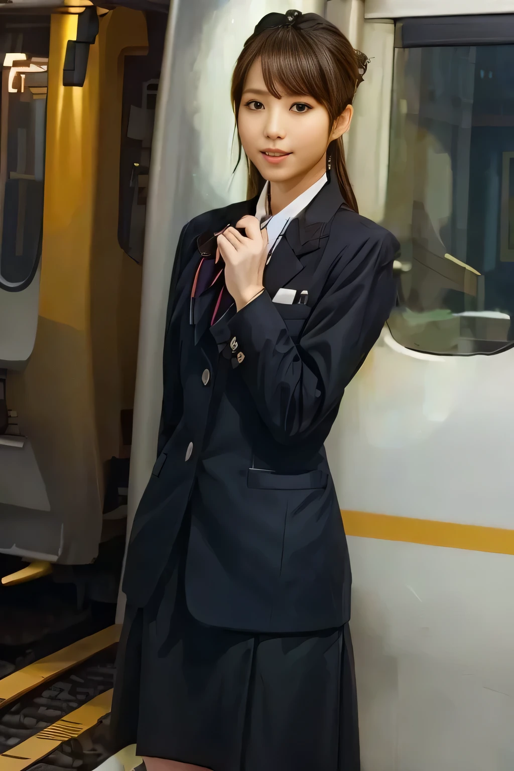 (Masterpiece:1.2,  best quality :1.2), 32kHDR,  High Resolution , (Alone、 1 girl)、（ daytime building rooftop 、 professional lights ）、Building rooftop background、（JR woman train crew Uniform blackを着たリアルスタイル）、（（ JR woman train crew uniform black white blouse short sleeve  、 black knee-length wrap culottes 、  JR woman train crew uniform black long sleeve jacket、Chest scarf ））、 dark brown hair 、（ long hair、 hair gathered、 hair gathered）、 dark brown hair 、Long Hit、 Big Breasts、Thin legs、（（ amazing hands：2.0）），（（harmonious body proportions：1.5）），（（Normal limbs：2.0）），（（Usually refers to：2.0）），（（Normal eyes：2.0））)、smile、（ JR woman train crew uniform black beautiful posture ）、Hands clasped underneath