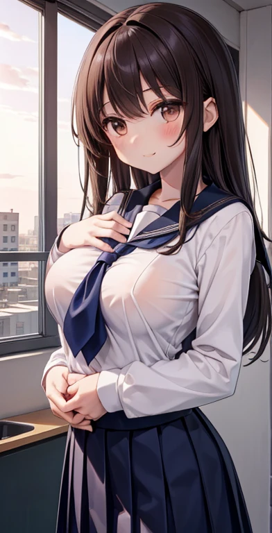 Masterpiece, best quality , ( 1 Faceless Boy: 1.3), (Boy Grabbing My Chest : 1.1), 1 GIRL. ( school uniform:1.2), long dark hair, brown eyes,(classroom:0.8), (sunset:0.7),(Average bust:1.4), ( lonely smile :0.8)、 dark hair long hair, 、