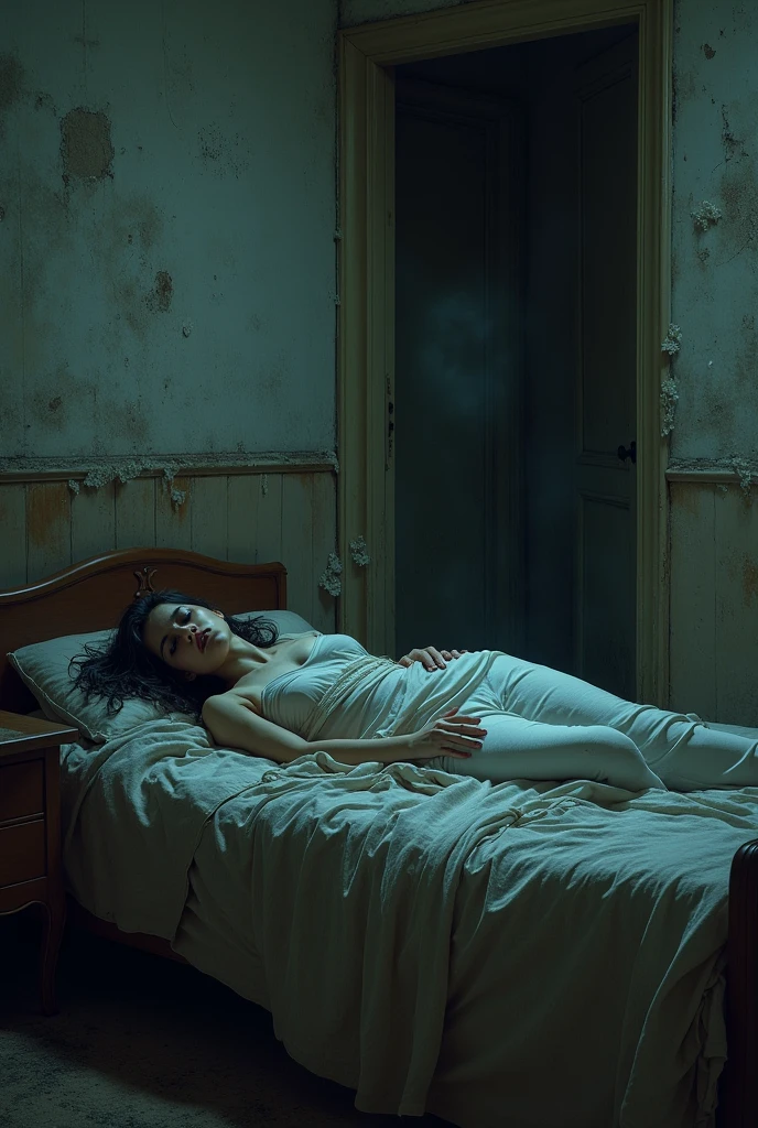 "Create a haunting scene set in a dilapidated, abandoned room with peeling paint and rust stains on the walls. A large window with sheer curtains allows dim light to filter in, casting an eerie glow over the room. In the center, a woman lies on a metal-framed bed, her body wrapped in minimal, tattered fabric resembling bandages. Her arms and legs are spread out, and her eyes are closed, giving the impression that she is unconscious or in a deep, troubled sleep. The atmosphere is tense and unsettling, evoking feelings of isolation, vulnerability, and distress. The overall mood should be dark, with a strong sense of decay and abandonment