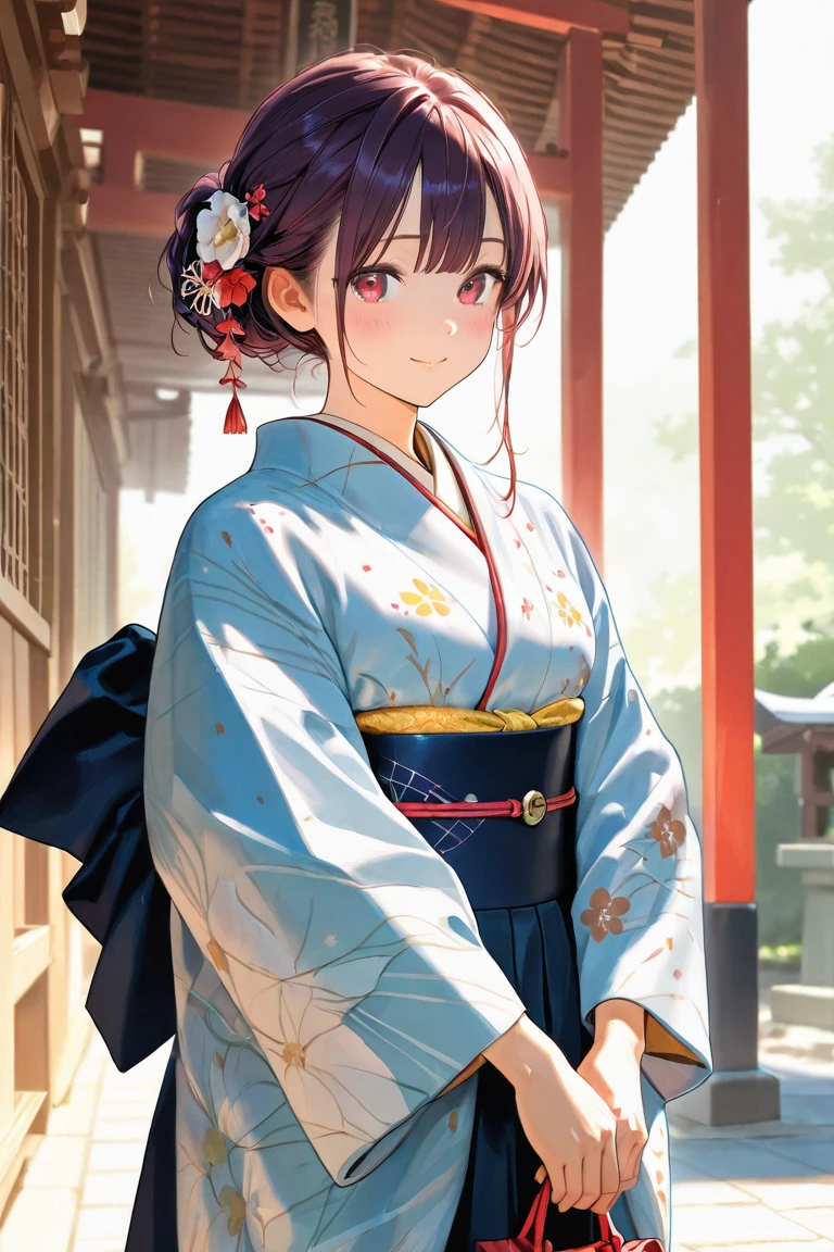 A young Japanese woman in a traditional kimono, standing in front of a Shinto shrine, celebrating her coming-of-age ceremony. The background is snowy trees.