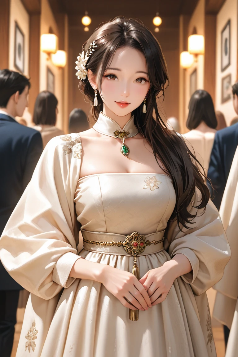 long wavy dark hair, Noble temperament,The face is delicate and beautiful,Tall,A big beauty like Liu Yifei , Dressed in a white luxurious and sophisticated dinner dress, Wear luxury jewelry, Holding a glass of champagne in his right hand, Stand in the lights,At a dinner party full of celebrities