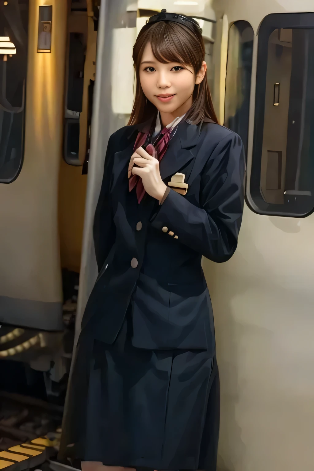 (Masterpiece:1.2,  best quality :1.2), 32kHDR,  High Resolution , (Alone、 1 girl)、（ daytime building rooftop 、 professional lights ）、Building rooftop background、（JR woman train crew Uniform blackを着たリアルスタイル）、（（ JR woman train crew uniform black white blouse short sleeve  、 black knee-length wrap culottes 、  JR woman train crew uniform black long sleeve jacket、Chest scarf ））、 dark brown hair 、（ long hair、 hair gathered、 hair gathered）、 dark brown hair 、Long Hit、 Big Breasts、Thin legs、（（ amazing hands：2.0）），（（harmonious body proportions：1.5）），（（Normal limbs：2.0）），（（Usually refers to：2.0）），（（Normal eyes：2.0））)、smile、（ JR woman train crew uniform black beautiful posture ）、Hands clasped underneath