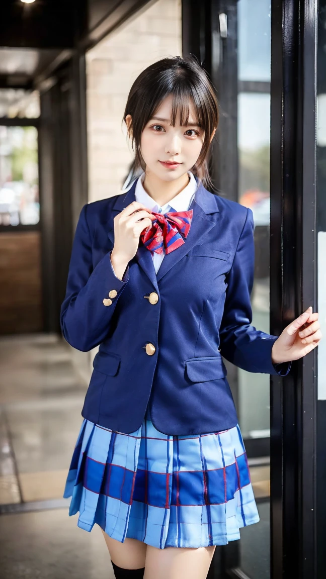  blazer uniform 、 skirt 、 standing、Masterpiece,  best quality , shape,  very detailed, Delicate details,  High Resolution , 8k, wallpaper,  perfect dynamic configuration,(High quality with great attention to detail, Realistic eye depiction :1.3), (( , 1 High  Girl  )), 、Women&#39;s Uniform、 blazer uniform 、 panties 、Navy blue knee-high socks、 garter belt、 、 Disheveled uniform , ,  short bob hair ,  black hair, Medium chest,  big natural color lip with blackboard in the background, ,  cowboy shooting ,(Perfect shape), Crying a little、 Harajuku style、Beautiful Makeup,Glitter Makeup,Cute 1,  Beautiful Legs, ,  Full Thighs 



