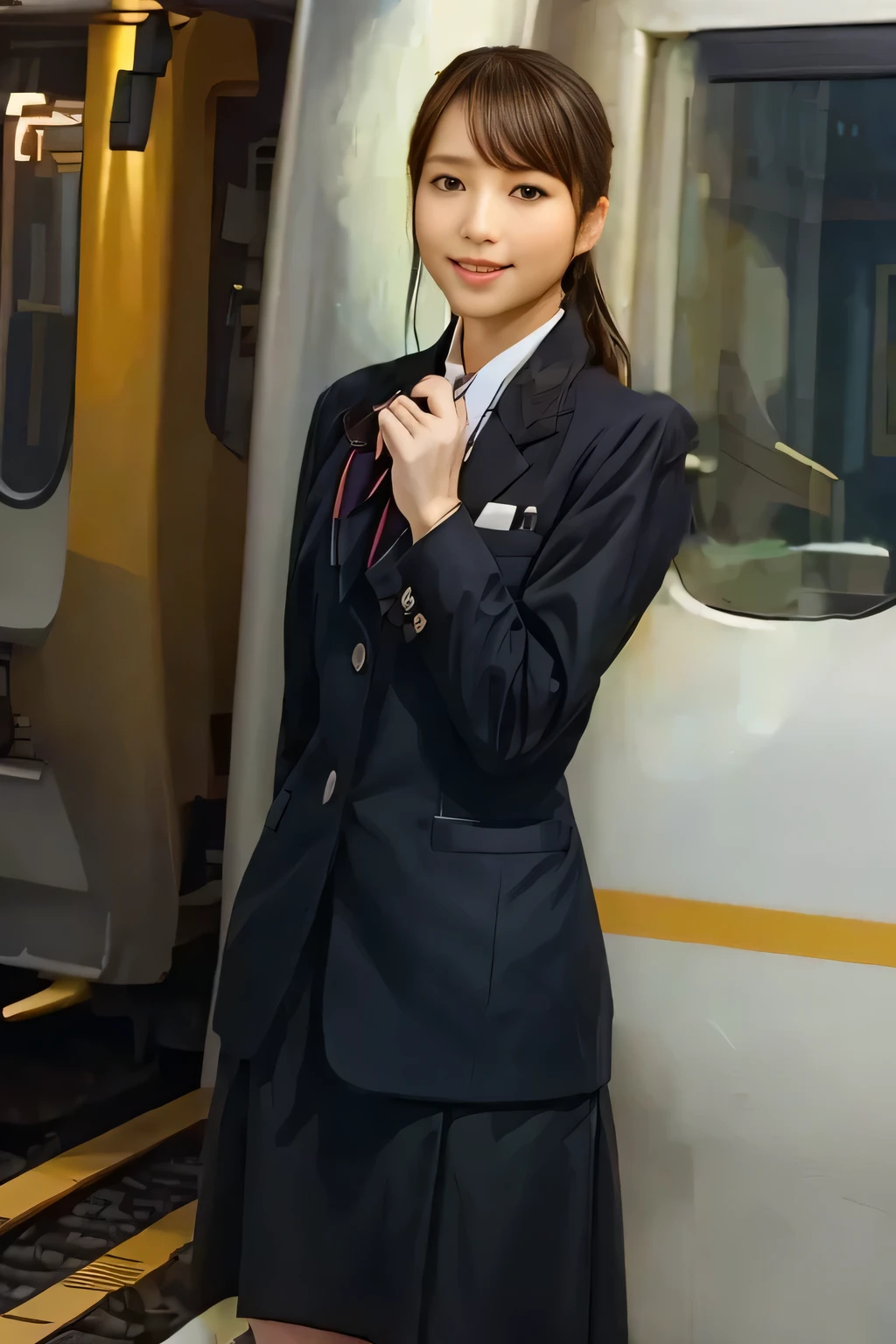 (Masterpiece:1.2,  best quality :1.2), 32kHDR,  High Resolution , (Alone、 1 girl)、（ daytime building rooftop 、 professional lights ）、Building rooftop background、（JR woman train crew Uniform blackを着たリアルスタイル）、（（ JR woman train crew uniform black white blouse short sleeve  、 black knee-length wrap culottes 、  JR woman train crew uniform black long sleeve jacket、Chest scarf ））、 dark brown hair 、（ long hair、 hair gathered、 hair gathered）、 dark brown hair 、Long Hit、 Big Breasts、Thin legs、（（ amazing hands：2.0）），（（harmonious body proportions：1.5）），（（Normal limbs：2.0）），（（Usually refers to：2.0）），（（Normal eyes：2.0））)、smile、（ JR woman train crew uniform black beautiful posture ）、Hands clasped underneath