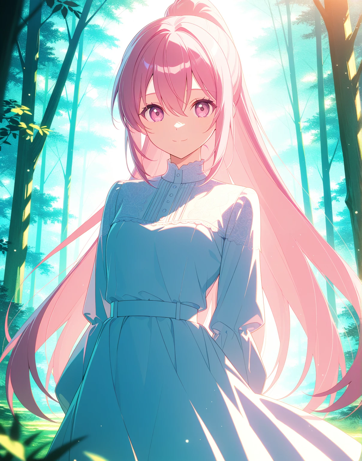 score_9, score_8_up, score_7_up, masterpiece, absurdres, source_anime,safe, 1girl, solo, adult, girl focus, adult, very detailed expressive eyes, very detailed eyes, aesthetic eyes, bright eyes, (bright pink eyes),  pink eyes, beautifully styled hair, very detailed hair, straight hair, bright pink hair, long hair, hair between eyes, (hair styled straight),  (styled ponytail), (straight hair), (straight ponytail),(slim ponytail: 1.2),styled hair,  little smile, looking at viewer, (small breasts), shiny skin, healthy skin colour, BREAK
((black and white) dress),  standing,  half body, cowboy shot, BREAK
outdoors, nature, forest, game cg professional lighting, BREAK
HDR, 8K, masterpiece, best quality, amazing quality, very aesthetic, high resolution, ultra-detailed, absurdres, newest, scenery, 
aesthetic detailed background, best quality, game cg aesthetics,
 beautiful detailed eyes, detailed skin, detailed hair, light particles,  depth of field, natural shadows, 
(masterpiece), ultra-detailed, 1024k UHD wallpaper, ultra-high resolution, depth of field, HDR, Ray tracing, RTX, high saturation, photon mapping, best texture quality, best compotitions, (extremely detailed CG 1024k wallpaper), High Details, Detailed face, Detailed Clothes, Ultra HD Photo, Perfect Face, expressive eyes, bright colours