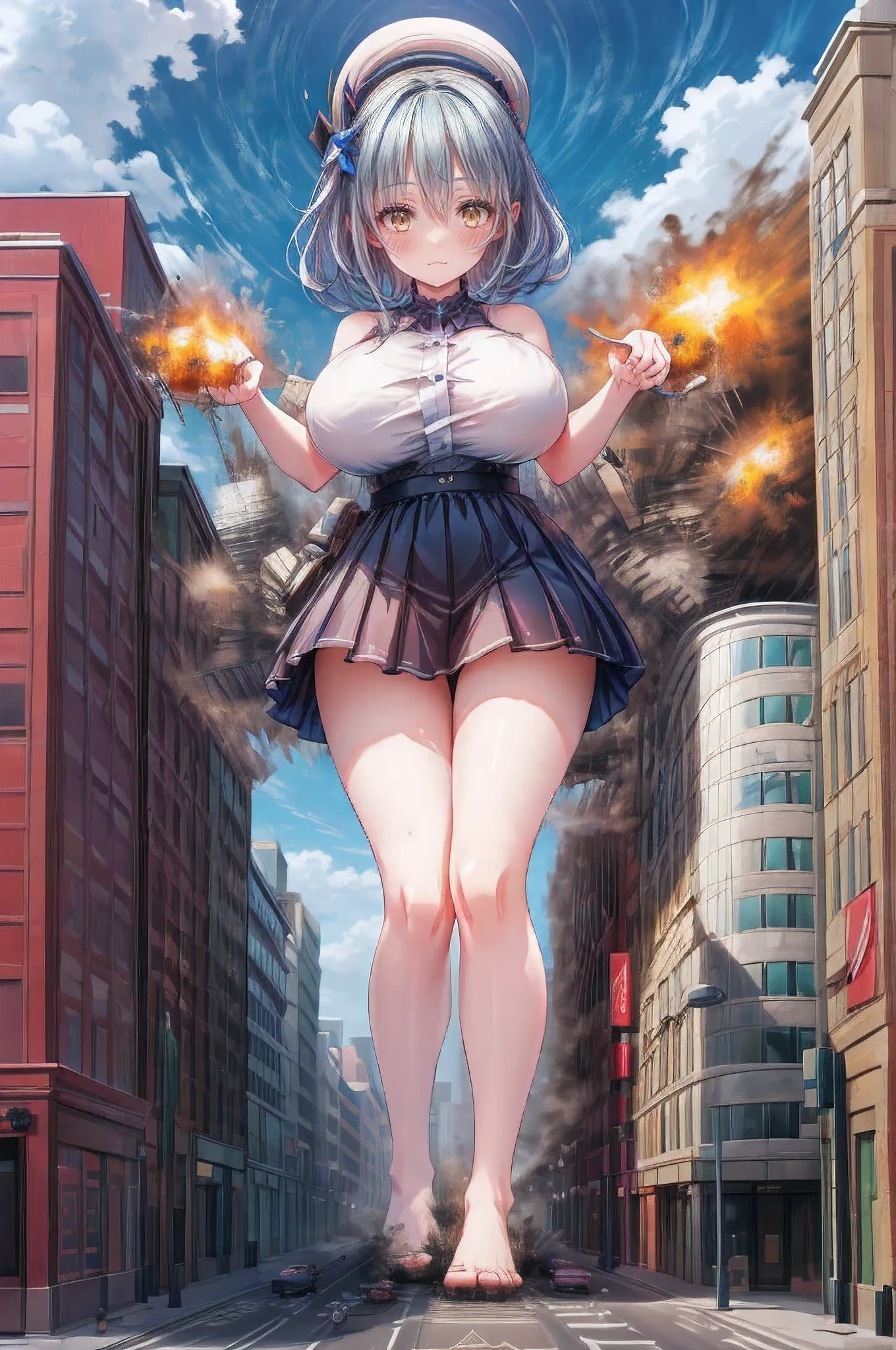(((Walk)))、((( fisheye lens)))、((((Gotham City))))、Rubble Ruins、Broken Building、High qualityHigh quality、8k、(((Blue sky background)))、 looking at camera、Embarrassed、Sweat it out、 Stares at me 、((((A girl bigger than a skyscraper))))、((Huge girl sitting on top of Broken Building))、(Red Chinese clothing)、barefoot、(((Big Breasts)))、(Big Explosion)、煙が立ち昇る、fire、 urban boulevards、Traffic jams、Pedestrian bridge、street tree、 lots of people、car、bus、 track、taxi
