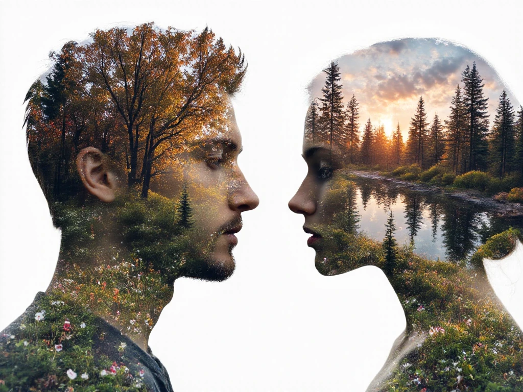 A stunning double-exposure style illustration blending the profiles of a man and a woman facing each other, their silhouettes intricately interwoven with elements of nature. The man’s side is adorned with vibrant blooming flowers, symbolizing life and vitality, while the woman’s side integrates delicate, falling snowflakes and frosty branches, evoking serenity and winter’s calm.  

In the background, a picturesque scene unfolds: a serene meadow transitions into a snowy forest, divided by a winding river reflecting both seasons. The meadow side is alive with colorful wildflowers under a golden sunset, while the snowy forest is tranquil and bathed in soft, pale light. The textures of their features blend seamlessly with the natural elements and the backdrop, creating a harmonious connection between the warmth of spring and the stillness of winter. This composition captures the duality of nature and the beauty of contrasts.