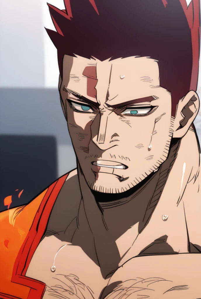Endeavor, short hair, muscle, shirtless, sweaty, empty eyes, dazed expression, blank stare, hypnotized, brainwashed, hairy chest