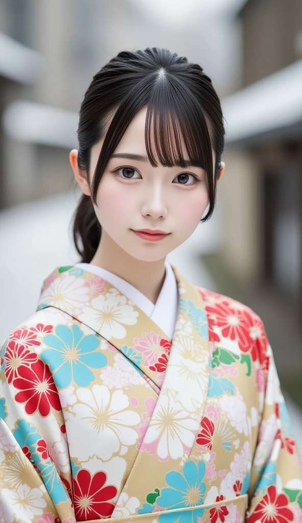 (Masterpiece,  best quality :1.2),  1 GIRL, Alone,  little chest,  coming-of- ceremony photos ,  kimono, Long-sleeved kimono, Clear posture, Healthy Photos,  snowy shrine ,  Snow Scenery , Winter protection measures ,  very cute girl, 